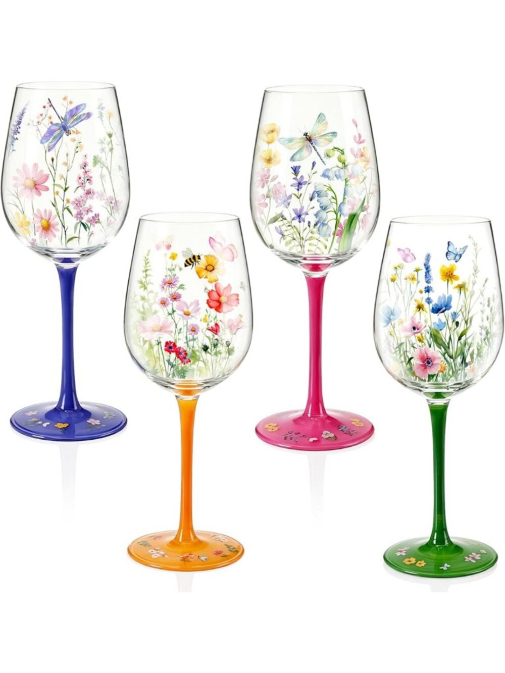 Set of 4 Hand Painted Wildflower Wine Glasses - 15 oz Elegant Drinkware